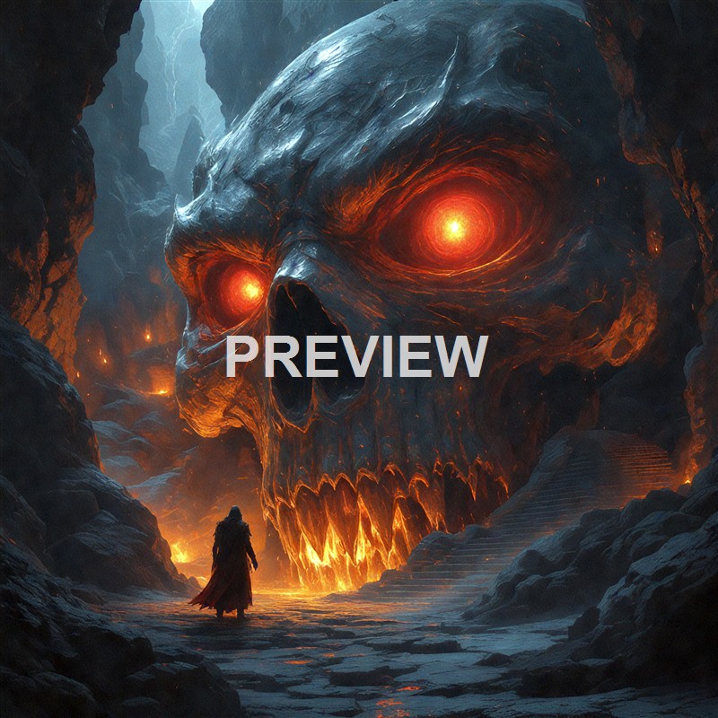 A lone figure standing in front of a massive, fiery skull-shaped creature with glowing red eyes inside a dark, cavernous landscape illuminated by molten lava.